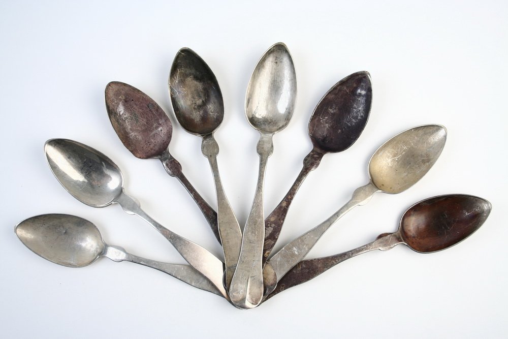 COIN SILVER - Eight mid 19th C. coin silver tea spoons,: COIN SILVER - Eight mid 19th C. coin silver tea spoons, four marked Charles Adams, Boston.