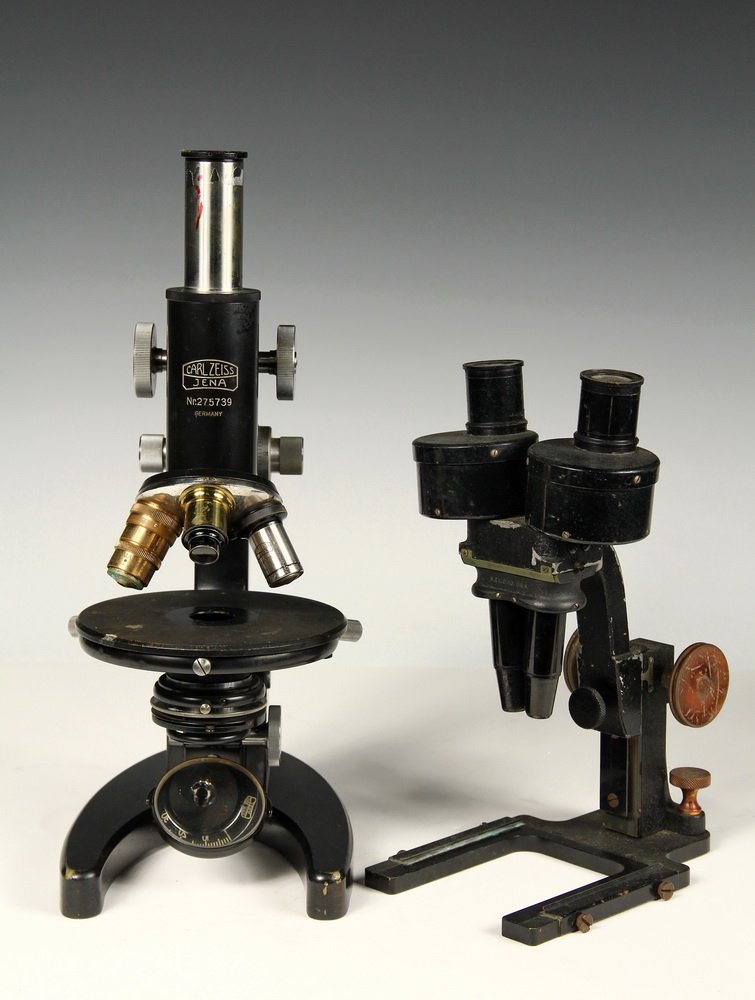 (2) CASED MICROSCOPES - Carl Zeiss Jena Nr 275739,: (2) CASED MICROSCOPES - Carl Zeiss Jena Nr 275739, Germany, circa 1930, triple nose-piece, ocular 10x, 13" tall, in the original fitted case, no accessories; PLUS Bausch & Lomb wide angle binocular mi