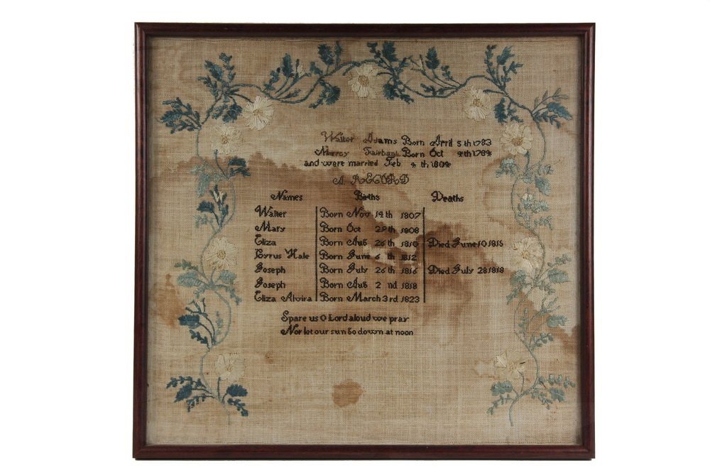 EARLY SAMPLER - Family Birth Record of Walter & Marcy: EARLY SAMPLER - Family Birth Record of Walter & Marcy (nee Fairbank) Adams, listing seven children, two of whom died very young, one named Joseph, died on July 28, 1818, his brother, born two days lat