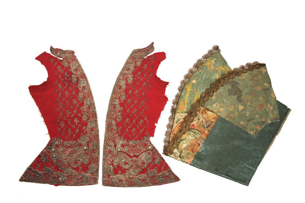 18TH C FRENCH EMBROIDERED VEST FRONTS - Raspberry Silk: 18TH C FRENCH EMBROIDERED VEST FRONTS - Raspberry Silk Damask Waistcoat Fronts, ca 1750, heavily embroidered in silver bullion thread, with integral stand collar, pocket flaps and peplums, lacking but