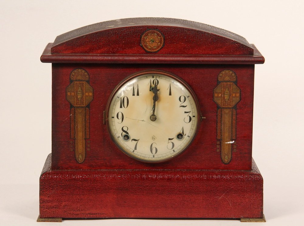 GILBERT MANTEL CLOCK - Arts & Crafts Arch Top Mantel: GILBERT MANTEL CLOCK - Arts & Crafts Arch Top Mantel Clock with decal decoration, brass works having time & strike, chime and bell, with markings for the company and dated 1913. With original pendulum
