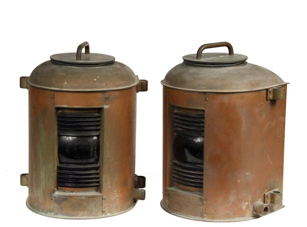 SCARCE PAIR OF SHIP'S LIGHTS - Copper Lamps with Blue (1 of 4)