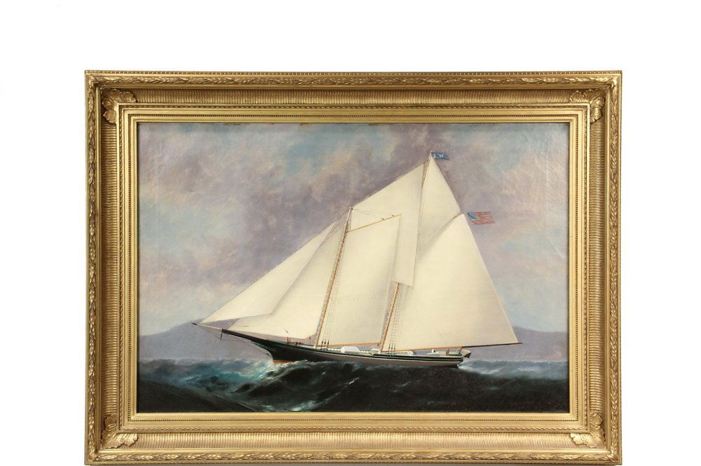 ATTRIBUTED TO ELISHA TAYLOR BAKER (CT/NY, 1827-1890) -: ATTRIBUTED TO ELISHA TAYLOR BAKER (CT/NY, 1827-1890) - American Merchant Schooner "J. Waterberry" oil on canvas, circa 1870, unsigned. The boat has a black hull with clipper bow, painted trailboards a