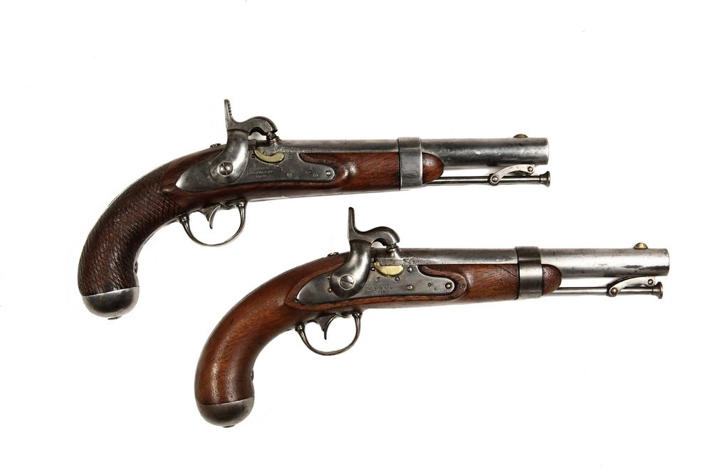 PAIR OF CIVIL WAR NAVAL BOARDING PISTOLS - US Model: PAIR OF CIVIL WAR NAVAL BOARDING PISTOLS - US Model 1836 Asa Holman Waters .54 cal. Pistols converted flintlock to percussion, the 'Belgium' alteration, with brass flashpan plug, nipple fitted to barr