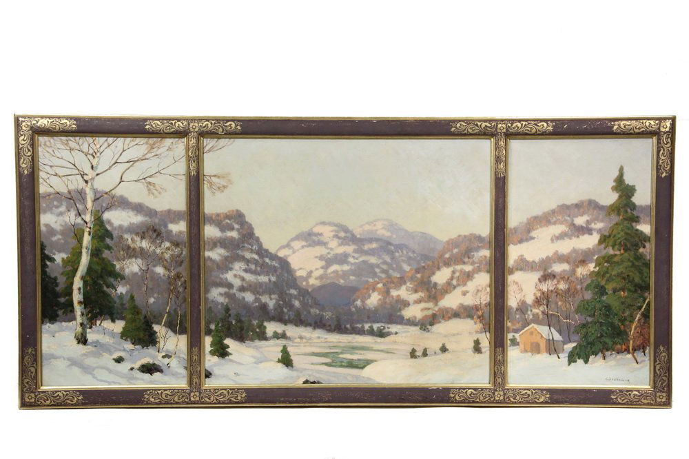 WALTER KOENIGER (Germany/MA/NY) - Woodstock Winter, an: WALTER KOENIGER (Germany/MA/NY) - Woodstock Winter, an oil on canvas triptych, signed lr in the far right panel, depicting a snowy mountain valley with half frozen lake and small red barn, circa 1925,