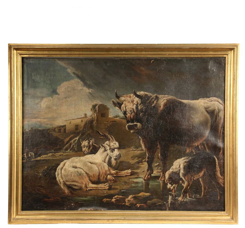 ATTRIBUTED TO PHILIPP PETER ROOS (aka ROSA DA TIVOLI,: ATTRIBUTED TO PHILIPP PETER ROOS (aka ROSA DA TIVOLI, Germany/Italy, 1655/57 - 1706) - Pastoral Scene with Bull, Two Sheep and Dog at Stream, oil on canvas, unsigned, in later gold molded frame, OS: 2