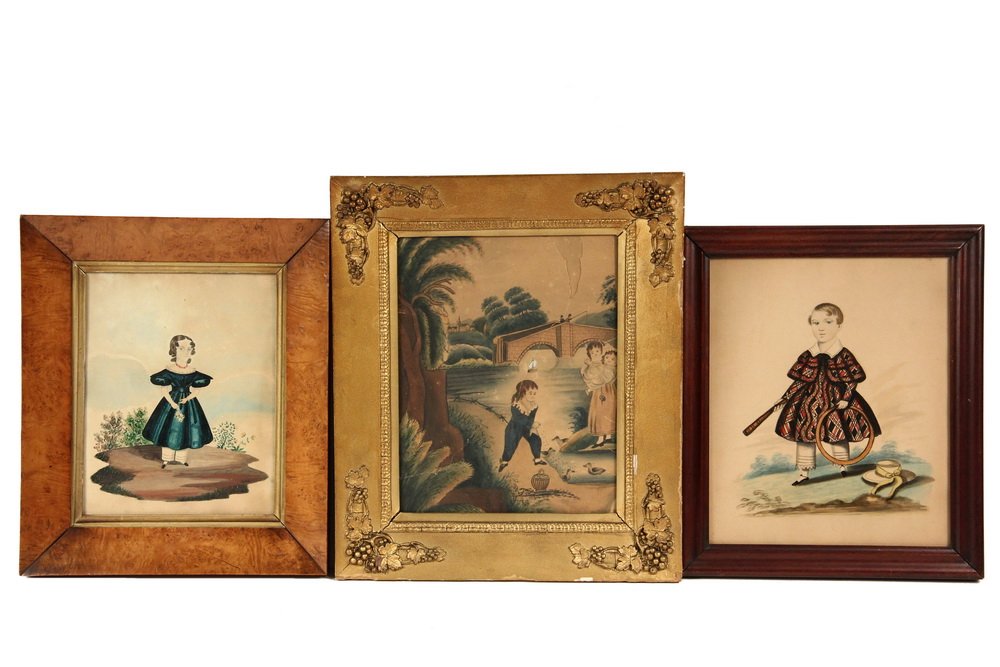 (3) 19TH C WATERCOLOR PORTRAITS - Folk Art Portraits of (1 of 4)