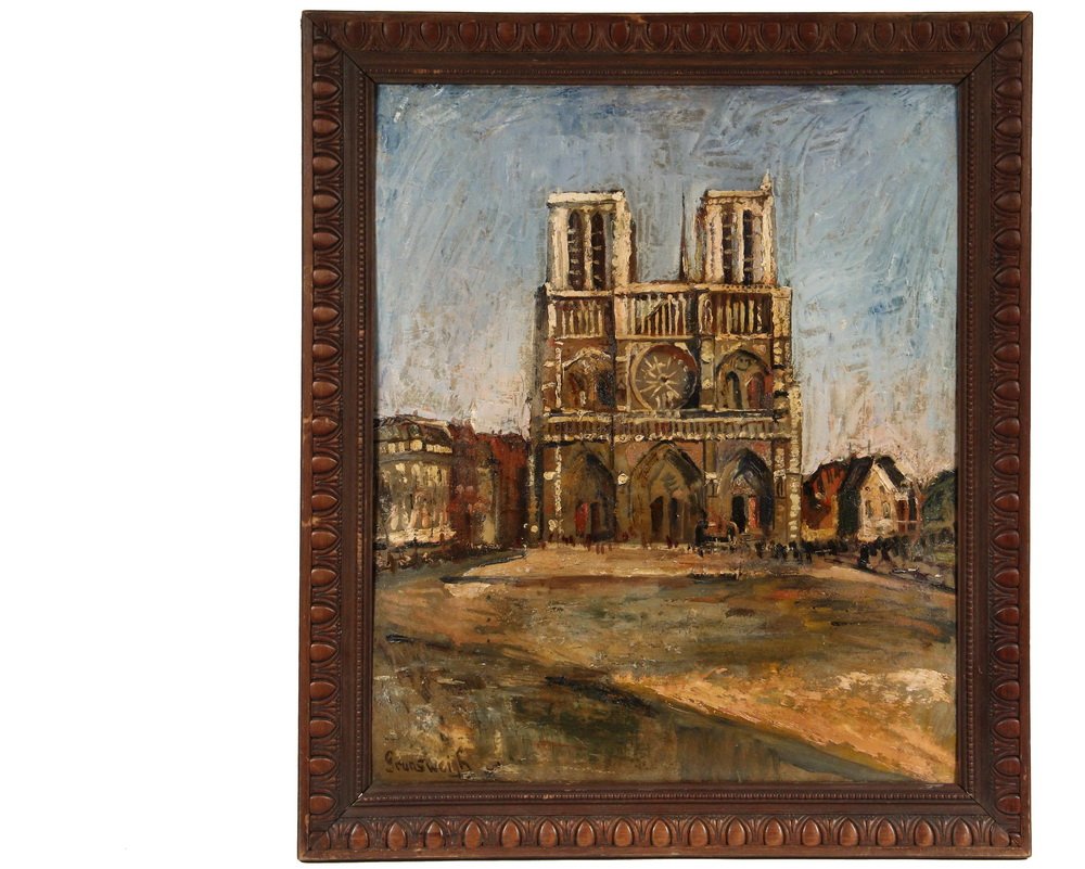NATHAN GRUNSWEIGH (Poland/France, 1880-1943) - "Notre: NATHAN GRUNSWEIGH (Poland/France, 1880-1943) - "Notre Dame", oil on upson board, signed lower left, in walnut egg & dart frame, OS: 27 1/2" x 23 1/2", SS: 23" x 19", slightly bowed. Grunsweigh moved f