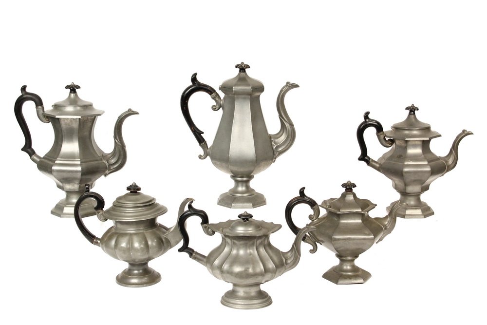 (6) PEWTER TEA OR COFFEEPOTS - Late 19th c. American, (1 of 7)