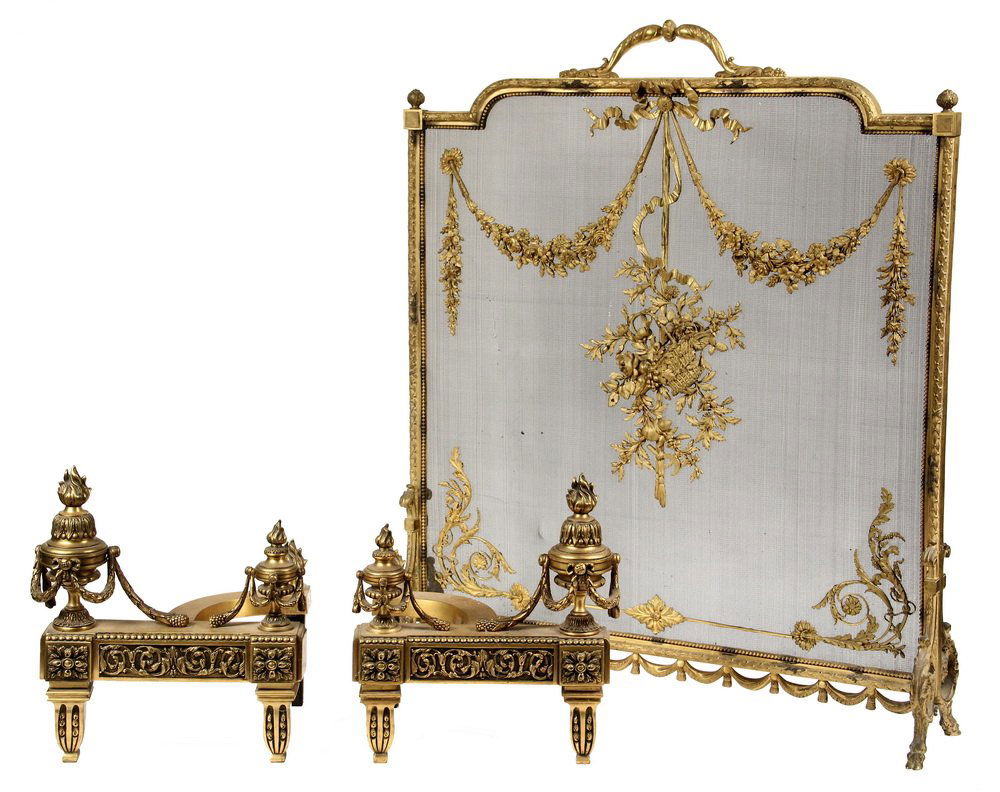 (3 PC) FRENCH FIREPLACE SET - Louis-Philippe Firescreen (1 of 10)