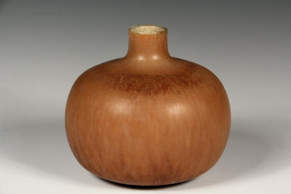 BROTHER THOMAS BEZANSON VASE - Art Pottery Squat Ovoid: BROTHER THOMAS BEZANSON VASE - Art Pottery Squat Ovoid Vase, with short cylindrical neck, in ombred pumpkin glaze, signed and marked 300/52. 6 1/2" x 6 1/2" diam. Fine condition.
