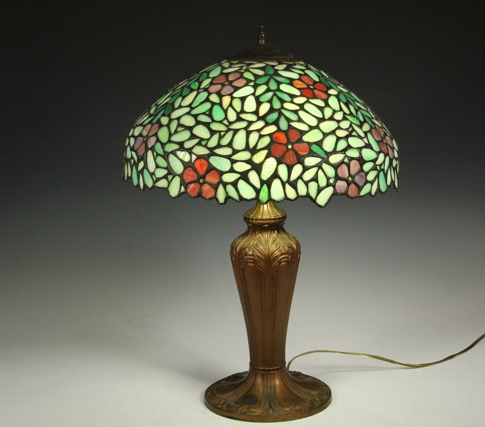 STAINED GLASS TABLE LAMP - Vintage Renaut Spelter Base, (1 of 2)
