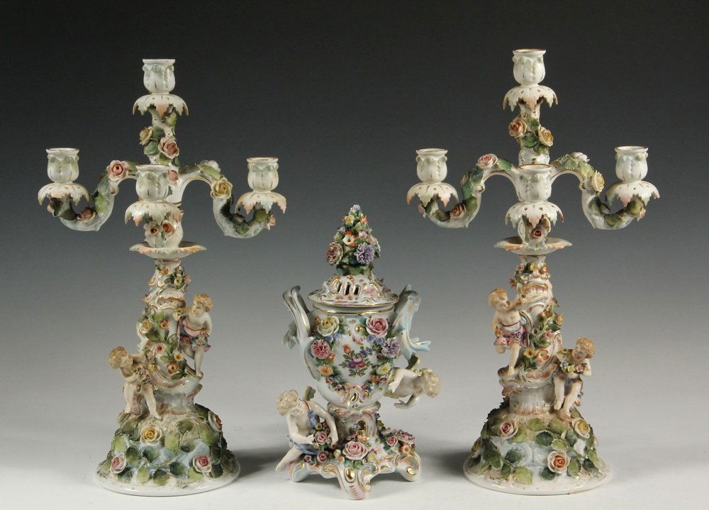PAIR MEISSEN CANDELABRUM & SITZENDORF CACHEPOT - Four (1 of 6)