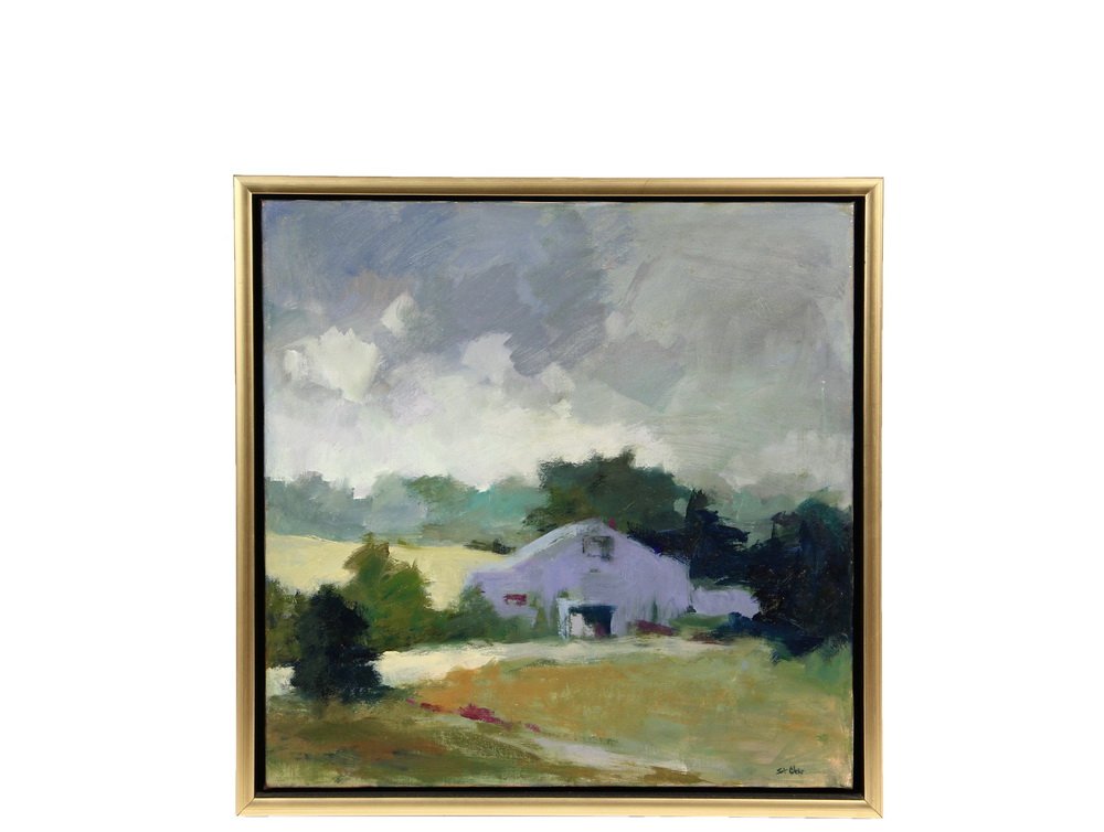 HELEN ST. CLAIR (Contemporary Portland, ME) -: HELEN ST. CLAIR (Contemporary Portland, ME) - "Jefferson Farm", oil on canvas, signed lower right, signed and titled on stretcher, in black box frame with gold edge, black shadow line, OS: 16 1/4" squ