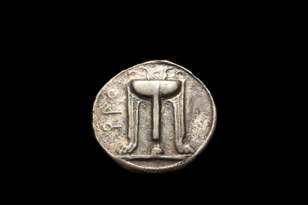 COIN - (1) Bruttium Croton 550-480 BC, Silver Stater,: COIN - (1) Bruttium Croton 550-480 BC, Silver Stater, large flan tripod, incused.