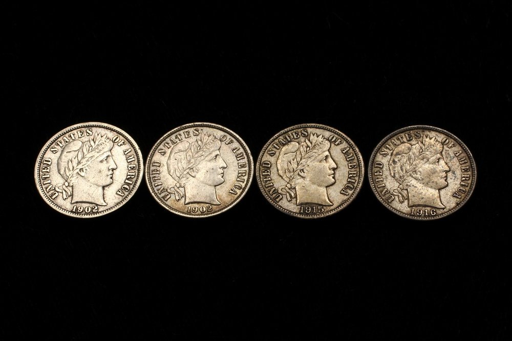 COINS - (4) Barber Dimes: 1902-O, XF; 1915-S, XF; 1916, (1 of 2)