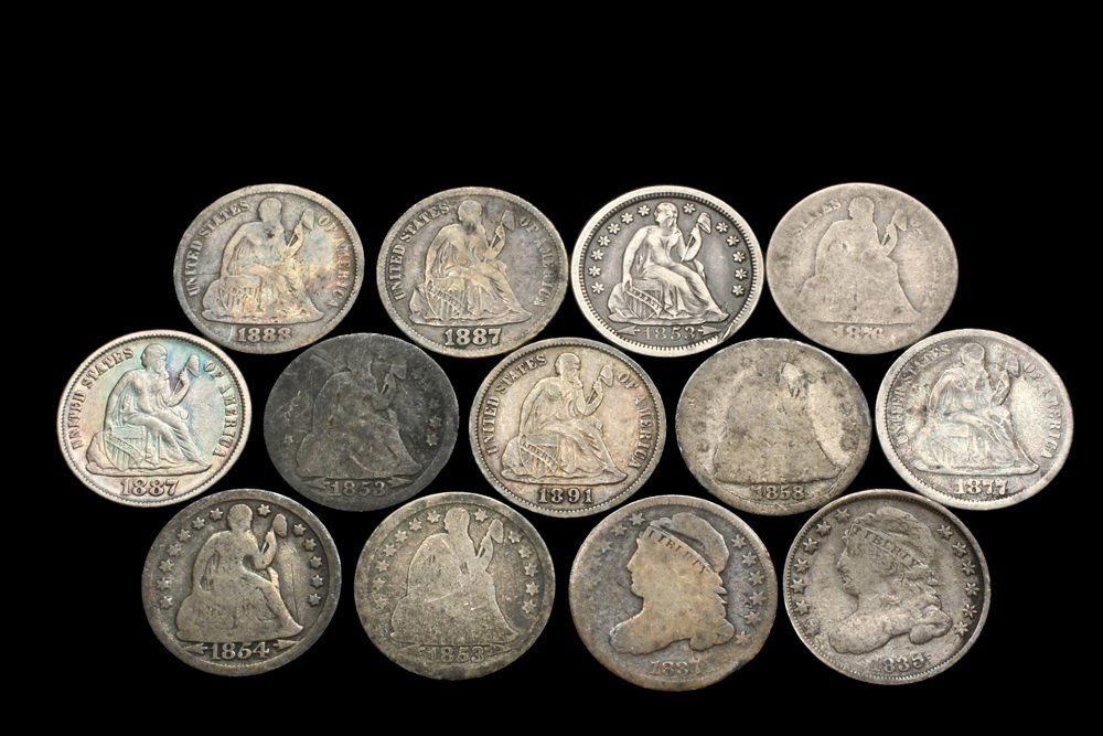 COINS - Lot of (13) US Dimes include: (2) Capped Bust; (1 of 2)