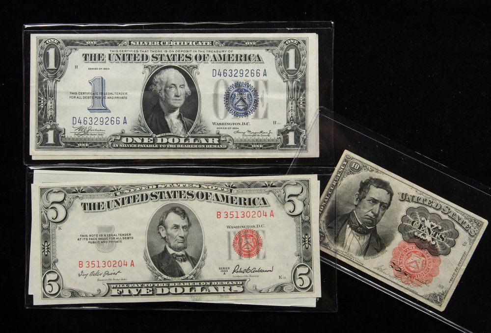 MISC BILLS - Lot of (5) Misc Bills include: (1) 1928-A: MISC BILLS - Lot of (5) Misc Bills include: (1) 1928-A $1 Silv Cert, funny back, VF; (1) 1934 $1 Silv Cert, XF+; (1) 1957 $1 Silv Cert Star Note, CU; (1) 1953-A $5 US Note, CU; (1) 1874 10 Cent Fract