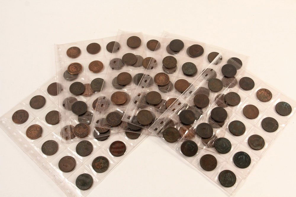 COINS - (100) Large Cents, (1) holed, some cleaned, (1 of 2)