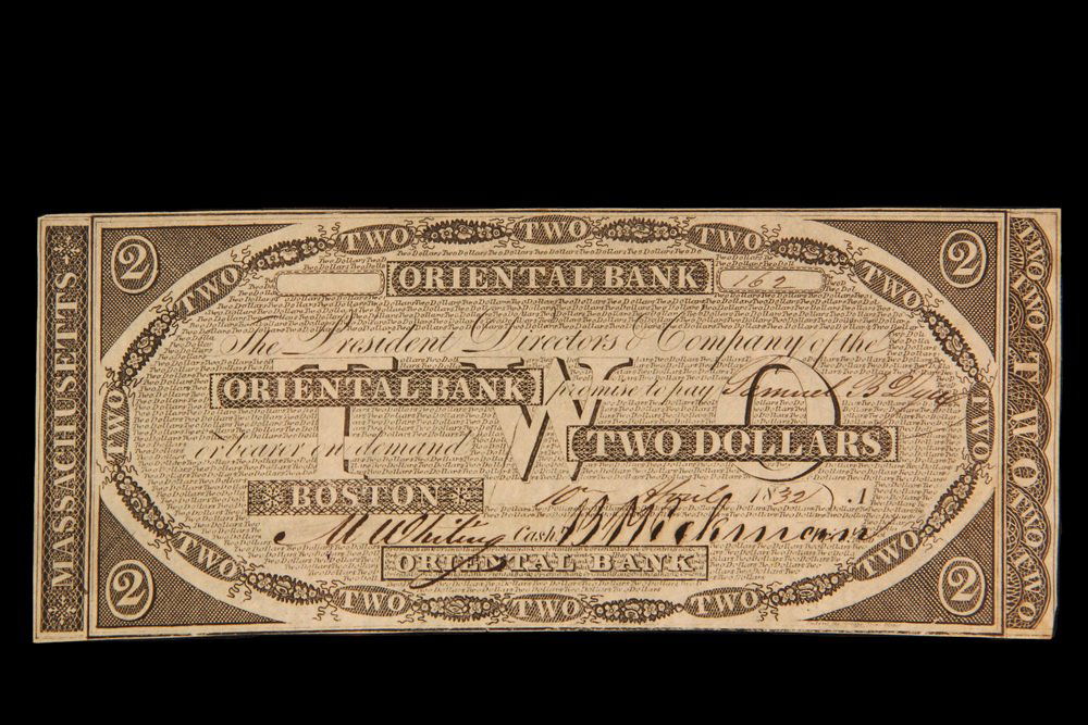 CURRENCY - $2 Dollar Bill from Oriental Bank in Boston, (1 of 2)