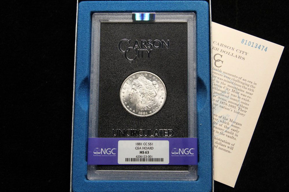 COIN - (1) 1881-CC Morgan Dollar GSA, NGC MS 63. (1 of 3)