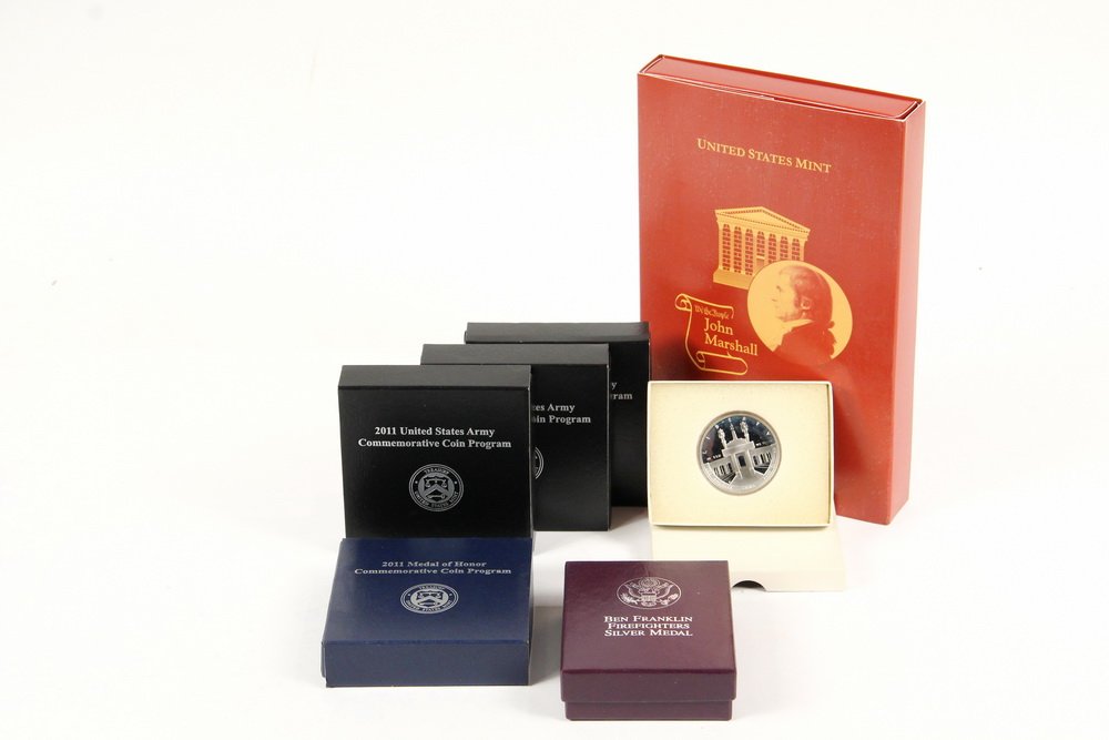 COINS - (7) Pc US Commemorative Silver Dollars, all: COINS - (7) Pc US Commemorative Silver Dollars, all Proofs, includes: (3) 2011 US Army; (1) 1984-S Olympic; (1) 2005 John Marshall with Chronicles; (1) Ben Franklin Firefighter Silver Medal .999 1 oz;
