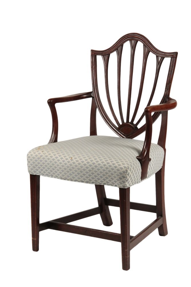SHIELD BACK HEPPLEWHITE ARMCHAIR - Period mahogany arm: SHIELD BACK HEPPLEWHITE ARMCHAIR - Period mahogany arm chair with well proportioned carved back with shaped arms, upholstered seat, set on string inlaid square tapered legs. 20" seat, 28" arm, 39 1/2"