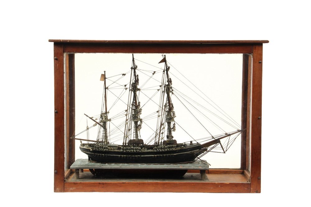 CASED SHIP MODEL - 19th c. Maine Sailor Made Model of: CASED SHIP MODEL - 19th c. Maine Sailor Made Model of the Bark 'Elsie' (mis-spelled 'Elcie') from Boston, built in Nova Scotia in 1868. Depicted with full rigging, no sails, on raised waterline platfo