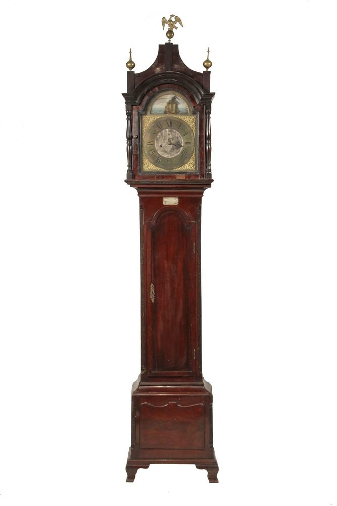 TALL CASE CLOCK - English late 18th c. Clock by Josias: TALL CASE CLOCK - English late 18th c. Clock by Josias Walker of Ottery, with painted Rocking Ship crest, engraved brass dial with engraved silver inner dial, rococo spandrels, mahogany case with pago