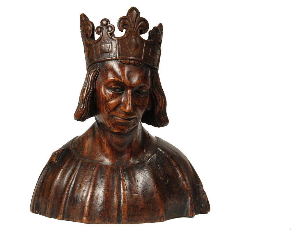 ROYAL PORTRAIT SCULPTURE - Carved Wood Bust of King: ROYAL PORTRAIT SCULPTURE - Carved Wood Bust of King Philip II, Philip Augustus, the first King of France, born 1165, died 1223, reigned 1179-1223. 18th c. or earlier. Philip's unification of France he