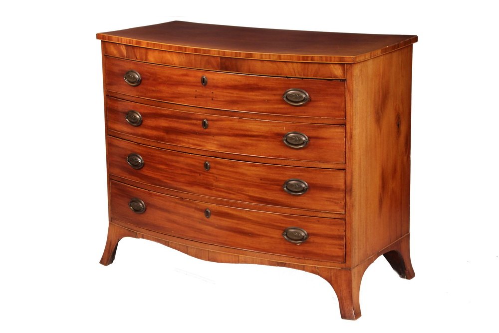 HEPPLEWHITE DRESSER - Four Drawer Period Mahogany: HEPPLEWHITE DRESSER - Four Drawer Period Mahogany Bowfront Dresser with overhanging top having boxwood string inlaid edge, graduated drawers with beaded edges, later oval brass drop pulls and escutche