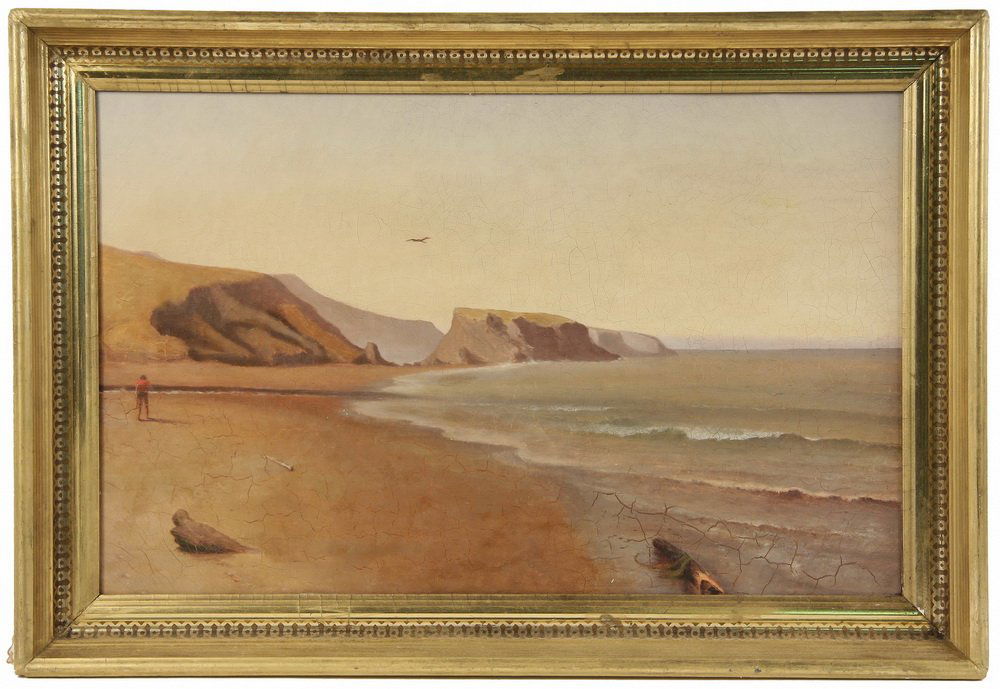 OIL ON CANVAS - Lone Figure on Beach, with 'RL': OIL ON CANVAS - Lone Figure on Beach, with 'RL' monogram on back, dated '85, (19th c.), possibly by Robert Lungkwitz, California, an allegorical with lone bird above and bone in sand, in gold molded f