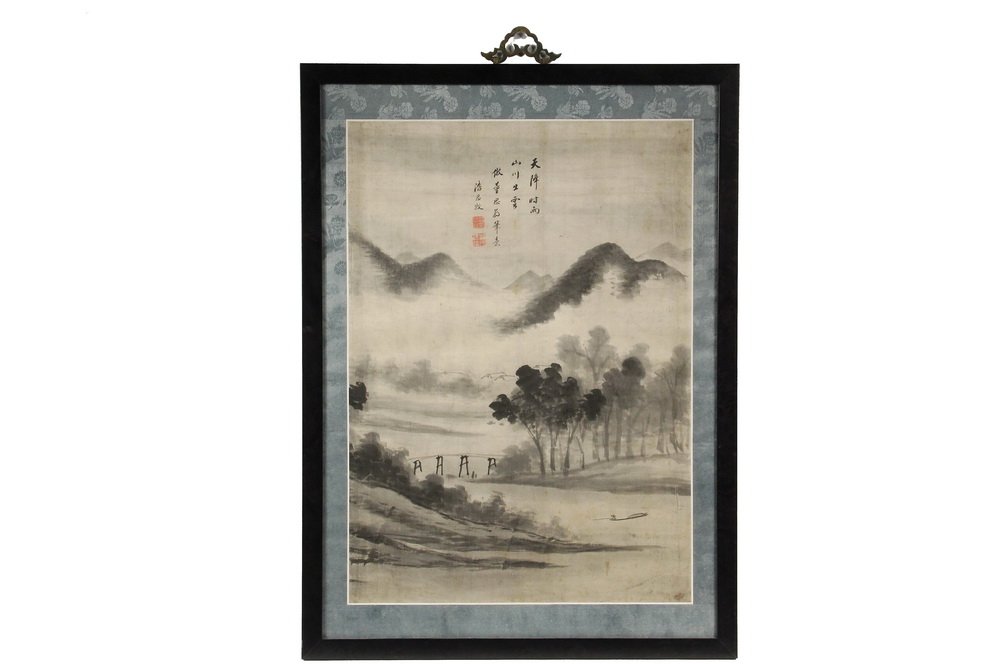 FRAMED CHINESE SCROLL PAINTING - Dai Jin Mountain: FRAMED CHINESE SCROLL PAINTING - Dai Jin Mountain Landscape in the Style of Yan Wengui, 19th c, signed and with seals, in black box frame with brass hanger, blue brocade mount, under glass, OS: 28 1/4