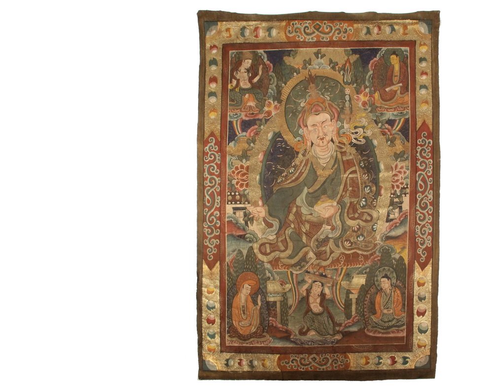 TIBETAN THANGKA PAINTING - 19th c. Buddha Mandala: TIBETAN THANGKA PAINTING - 19th c. Buddha Mandala Thangka on cotton sheeting, depicting Guru Rinpoche Padmasambava, the greatest Buddhist mystic saint in 8th century India, surrounded by five others, 