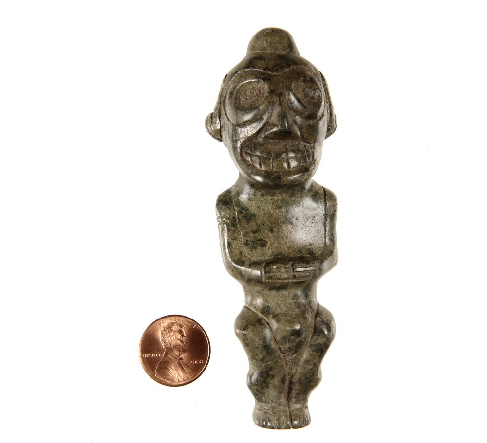 PRE-COLUMBIAN STONE ARTIFACT - Taino People, Classic: PRE-COLUMBIAN STONE ARTIFACT - Taino People, Classic Period (c.1000-1500 AD), Dominican Republic. Large Point of Focus Ceremonial Pendant of Atabey, fertility goddess recognized by the bulge between h