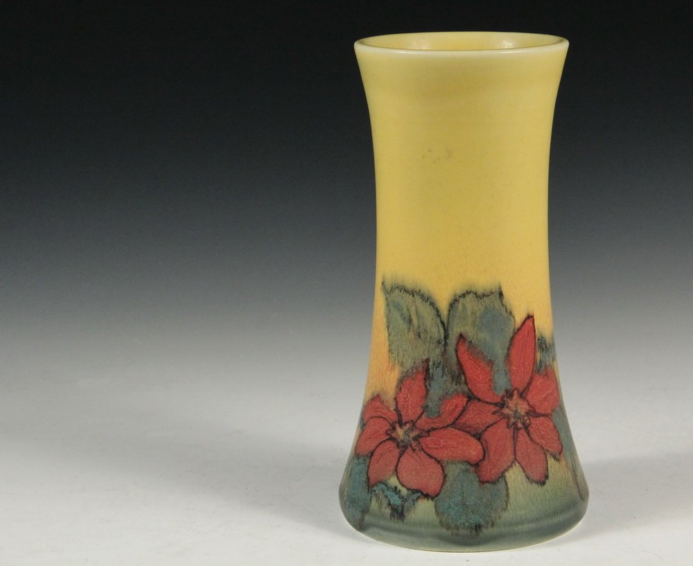 ROOKWOOD VASE - Art Pottery Vase in convex cylindrical: ROOKWOOD VASE - Art Pottery Vase in convex cylindrical form, glazed lemon yellow, decorated with poinsettias at the base by Margaret Helen McDonald (active 1913-1948), daughter of William McDonald, wh