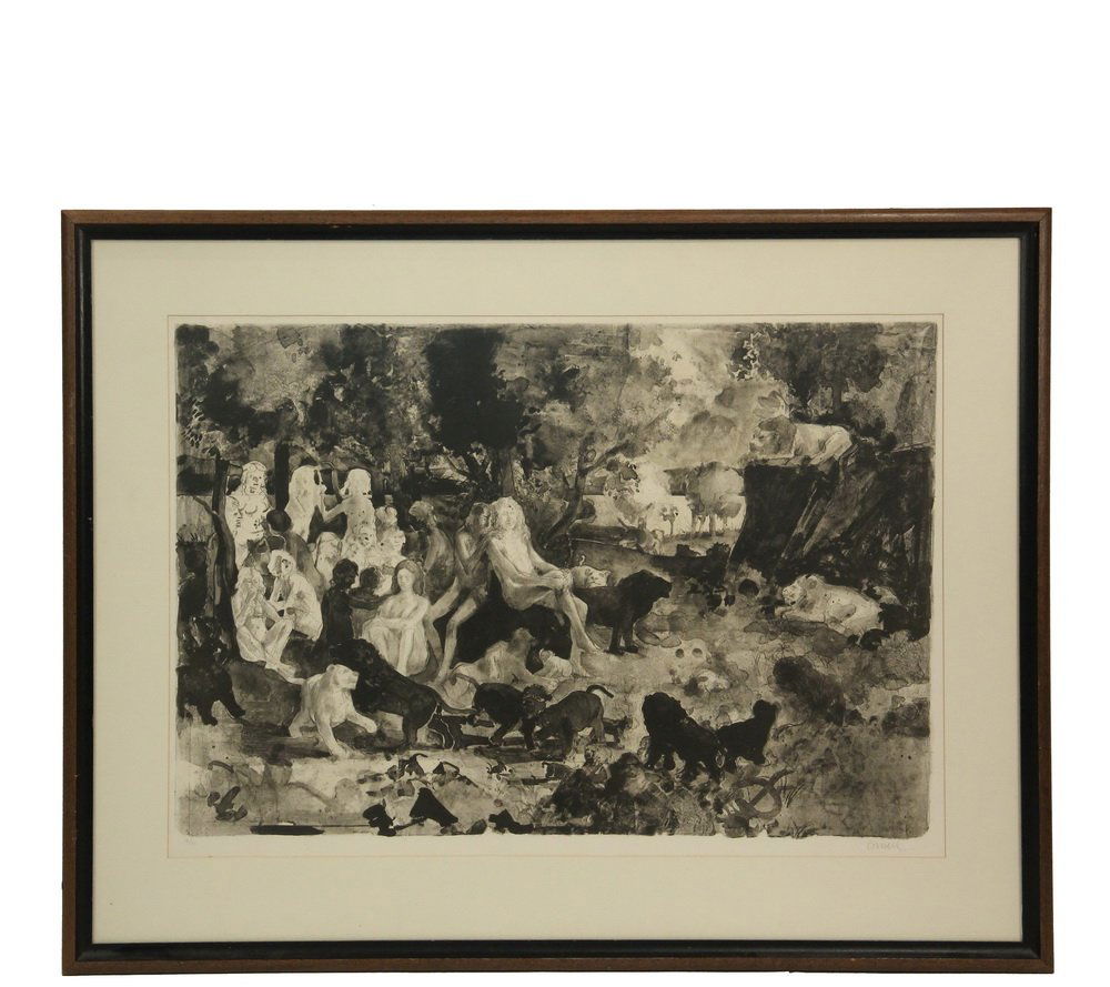 THOMAS CORNELL (ME, 1937-2012) - "Lions and People", a: THOMAS CORNELL (ME, 1937-2012) - "Lions and People", a monumental lithograph, pencil signed lower right and numbered 13/70, circa 1970, in walnut frame with black liner, under mat and non-glare glass,