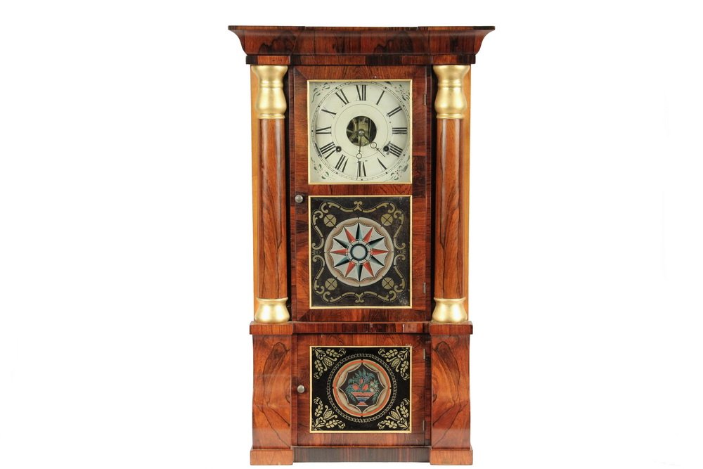 SETH THOMAS SHELF CLOCK - Seth Thomas, Plymouth Hollow,: SETH THOMAS SHELF CLOCK - Seth Thomas, Plymouth Hollow, Connecticut, 8-day time and strike brass works, triple deck shelf clock in figured mahogany, with gilt trimmed columns, painted dial, two lower