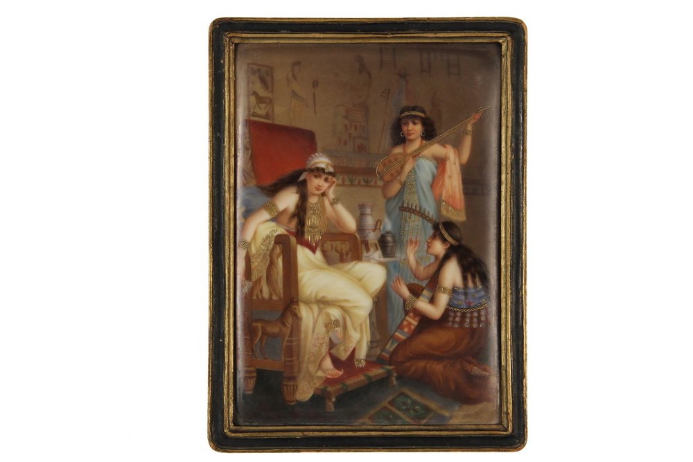 AFTER DIANA COOMANS (Belgium, 1861-1852) - "L'Elegie",: AFTER DIANA COOMANS (Belgium, 1861-1852) - "L'Elegie", oil and giltwork on porcelain, marked verso, in the original gilt and black stick frame, OS: 7 3/4" x 5 3/4", SS: 6 3/4" x 4 3/4". Good condition