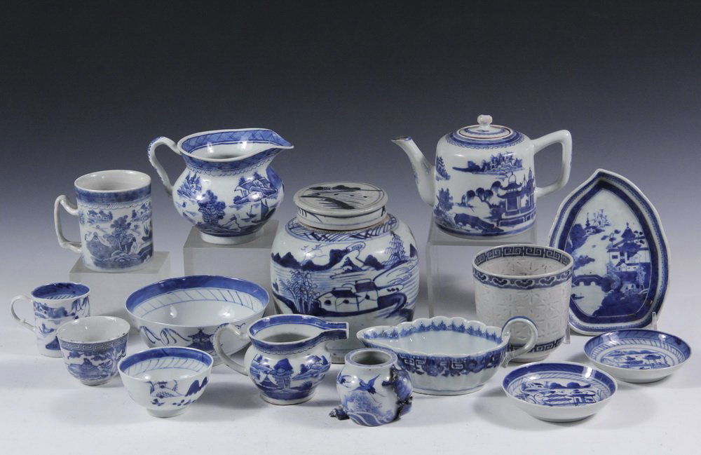 (15 PCS) MISC CHINESE PORCELAIN SERVING PIECES - All: (15 PCS) MISC CHINESE PORCELAIN SERVING PIECES - All 19th c. Canton Export, mostly blue willow landscape pattern, including: Ginger Jar with Lid, 6 3/4" x 6"; Cylindrical Teapot, 5 3/4" x 4 1/4" x 8";
