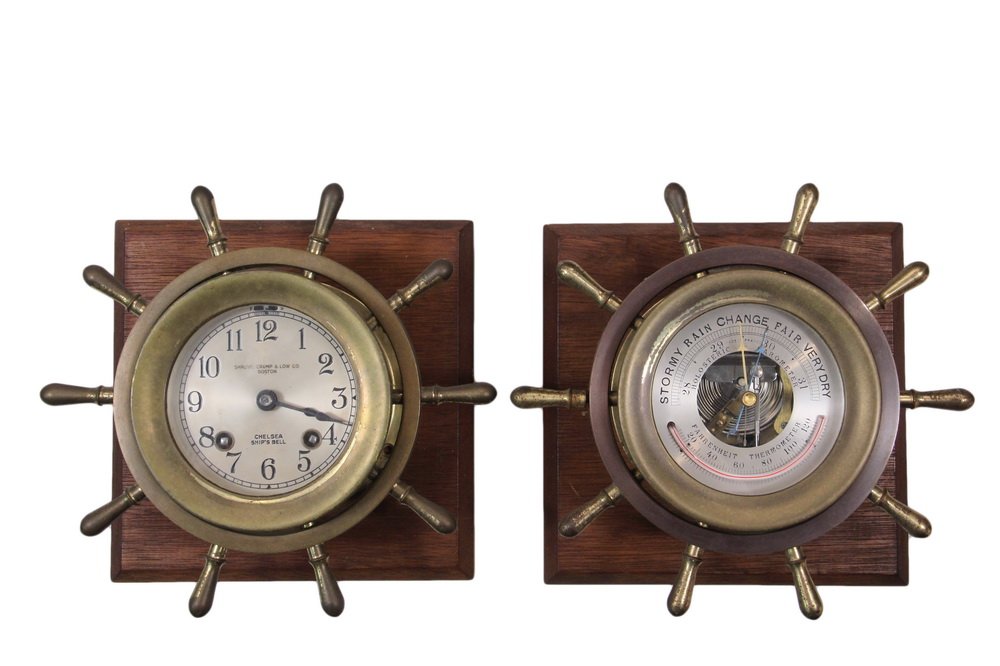 WALL MOUNT SHIP'S CLOCK & BAROMETER - Chelsea Ship's: WALL MOUNT SHIP'S CLOCK & BAROMETER - Chelsea Ship's Bell, for Shreve, Crump & Low Co. of Boston, with silvered dial, faux ship's wheel frame, mounted on a square teak plank; PLUS Complimentary Barome