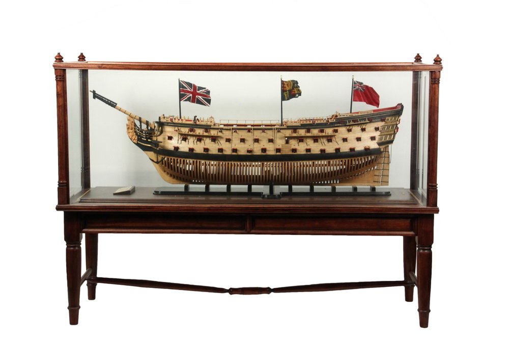 LARGE SHIP MODEL ON FLOOR STAND - "Royal Sovereign": LARGE SHIP MODEL ON FLOOR STAND - "Royal Sovereign" Builder's Model by Robert V. Bruckshaw, in glass case. 53" x 72 3/4" x 24 3/4" overall, fine condition. HMS Royal Sovereign was a 100-gun first rate