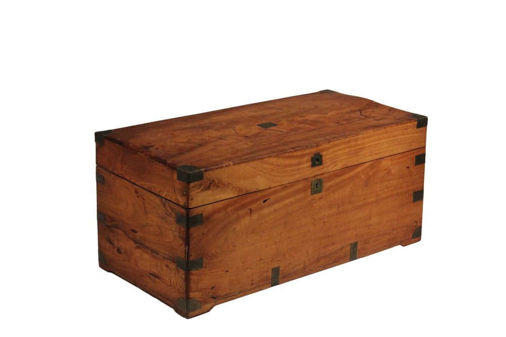 CAMPHORWOOD SEA CHEST - 19th c. Chinese Export Chest,: CAMPHORWOOD SEA CHEST - 19th c. Chinese Export Chest, brass bound, with center plate (not engraved), lock with key, later interior lid support, 18" x 39" x 19 1/2". Shrinkage crack to top.