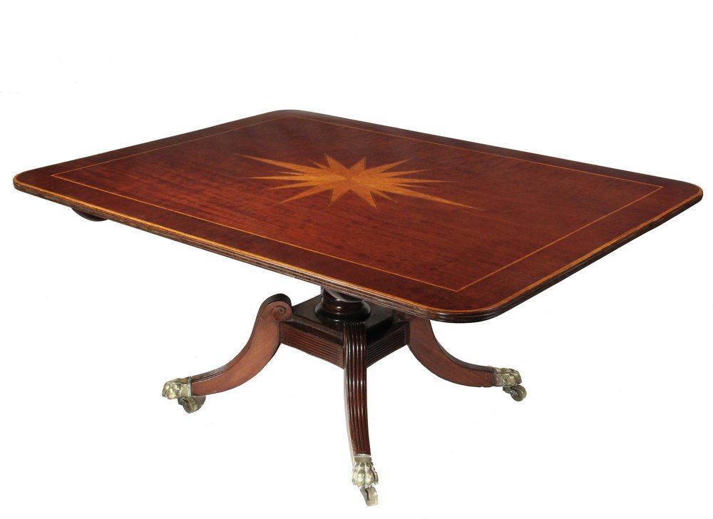 ENGLISH BREAKFAST TABLE - Georgian Plumb Pudding: ENGLISH BREAKFAST TABLE - Georgian Plumb Pudding Mahogany Tilt-Top with birdseye maple compass star inlay, the lid having a triple beaded edge, banded edge wth cross-grained inset, set on a tapered fl
