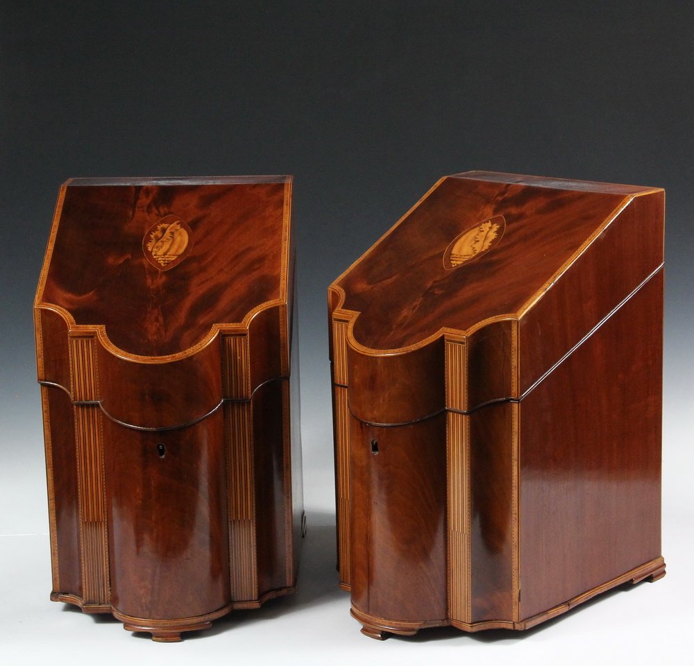 PAIR OF KNIFE BOXES - 19th c. English Figured Mahogany: PAIR OF KNIFE BOXES - 19th c. English Figured Mahogany Server Knife Boxes with conch shell inlaid cartouches on the slanted lids, checked, banded and string inlaid edges, shaped front, beaded rim, inl
