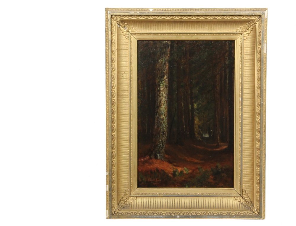 WINCKWORTH ALLAN GAY (MA, 1821-1910) - Forest Trail,: WINCKWORTH ALLAN GAY (MA, 1821-1910) - Forest Trail, oil on academy board, signed lower left and dated 1870, inscribed verso "Mrs. Winslow, Hingham, Mass." and "Hows ex" (?), in gilt gesso cove frame,