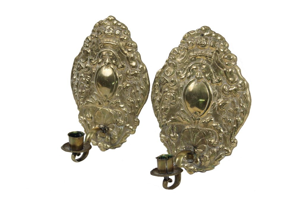 PAIR OF CANDLE SCONCES - 18th c Dutch Cast Brass Candle: PAIR OF CANDLE SCONCES - 18th c Dutch Cast Brass Candle Sconces with rococo decoration, original removable scrolled arms having hammered cup and bobeche, 9" x 6 1/2" x 3 1/2", very good condition. Pol