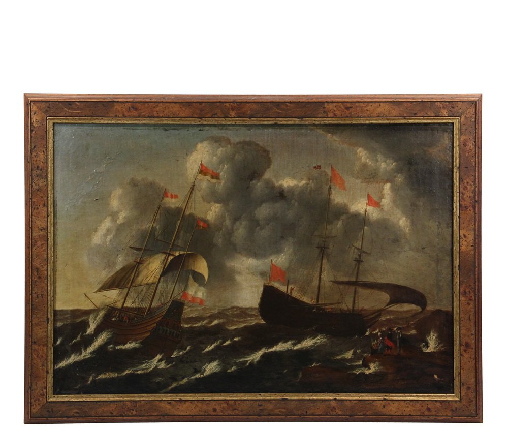 SCHOOL OF AERNOUT SMIT (Netherlands, 1641-1710) - Two: SCHOOL OF AERNOUT SMIT (Netherlands, 1641-1710) - Two Ships In Distress in Coastal Storm, Three Figures on Shore, oil on coarse linen, unsigned, old paper label verso reads "Peters, Sea View", in burl