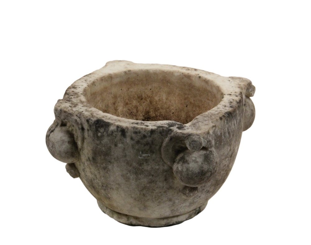 ANCIENT ROMAN MARBLE MORTAR - Circa 100 BCE to 100 CE.: ANCIENT ROMAN MARBLE MORTAR - Circa 100 BCE to 100 CE. Carved in a form that has changed little in the last 2000 years, having four lugs at rim in the form of demi-globes backed by scrollwork, one act