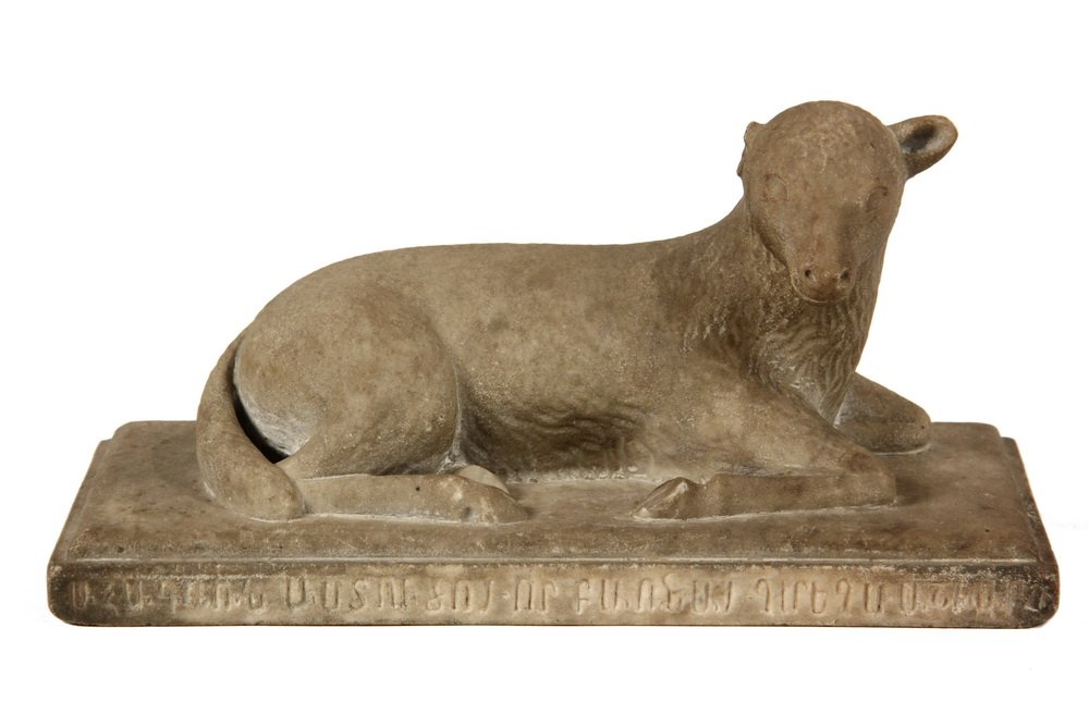 ARMENIAN MARBLE SCULPTURE - The Lamb of God, with: ARMENIAN MARBLE SCULPTURE - The Lamb of God, with Armenian inscription that translates as "Behold the Lamb of God, who takes away the Sin of the World", 19th c, white marble. 6" x 12" x 5". Worn and d